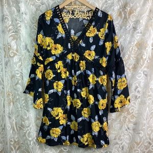 Entro Boho Black Yellow Floral Babydoll Crochet Mini Dress retro flare sleeves M